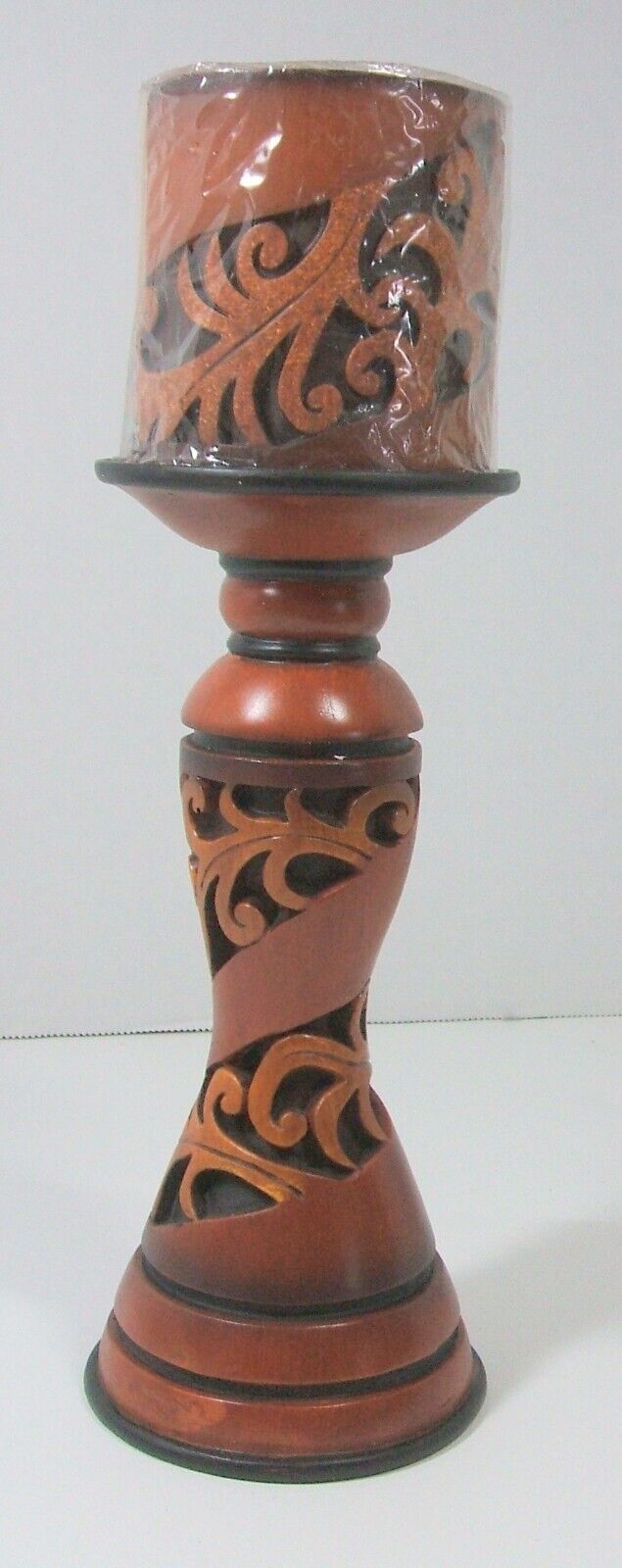 Vintage Hand Carved Wooden Candle Holder 8” Floral Retro Boho with Carved Candle