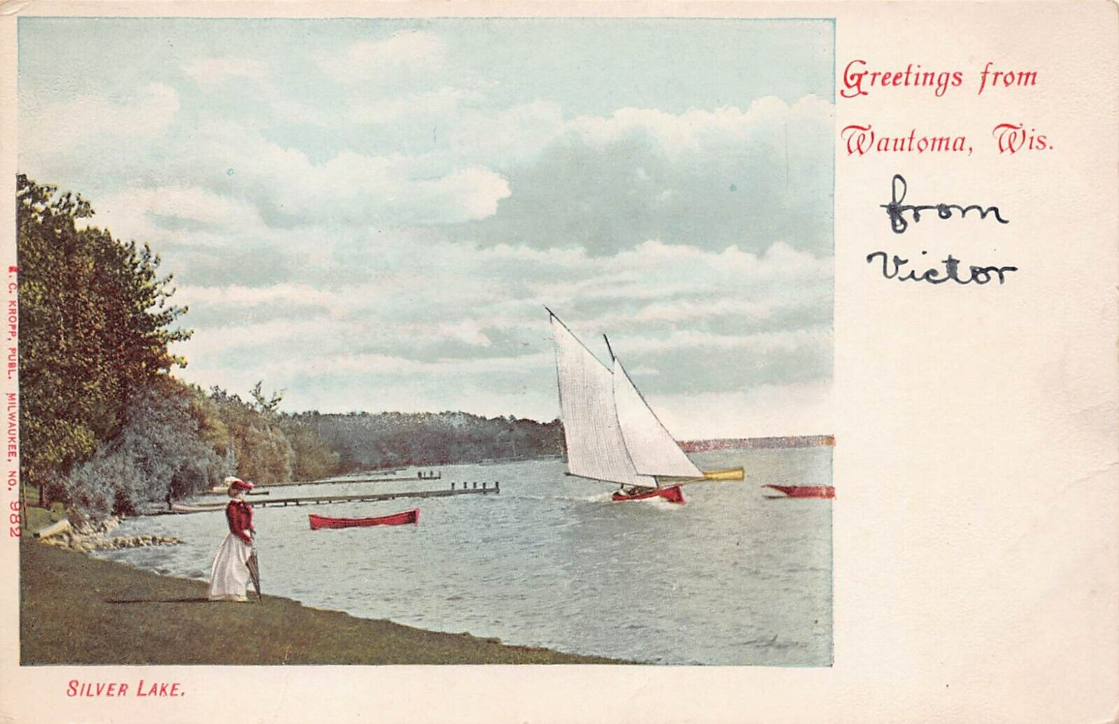 Wautoma WI Wisconsin Silver Lake Sailing Sailboat Edwardian Girl Vtg Postcard O6
