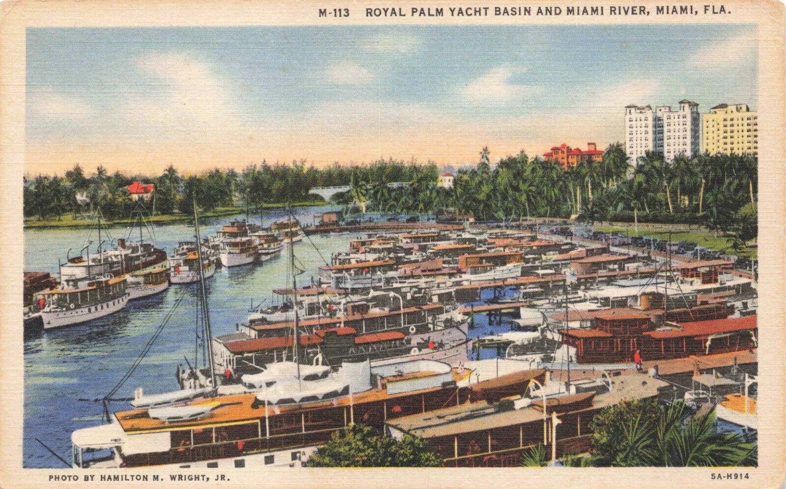 Postcard FL Miami Royal Palm Yacht Basin Miami River Boats Sailboats Ships