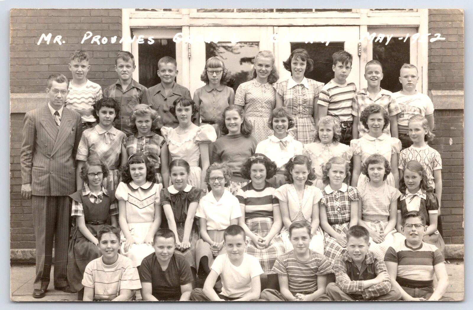 Cherry IL~Mr Provine\'s Class of 5th or 6th Graders~Tough Guys in Front~1952 RPPC