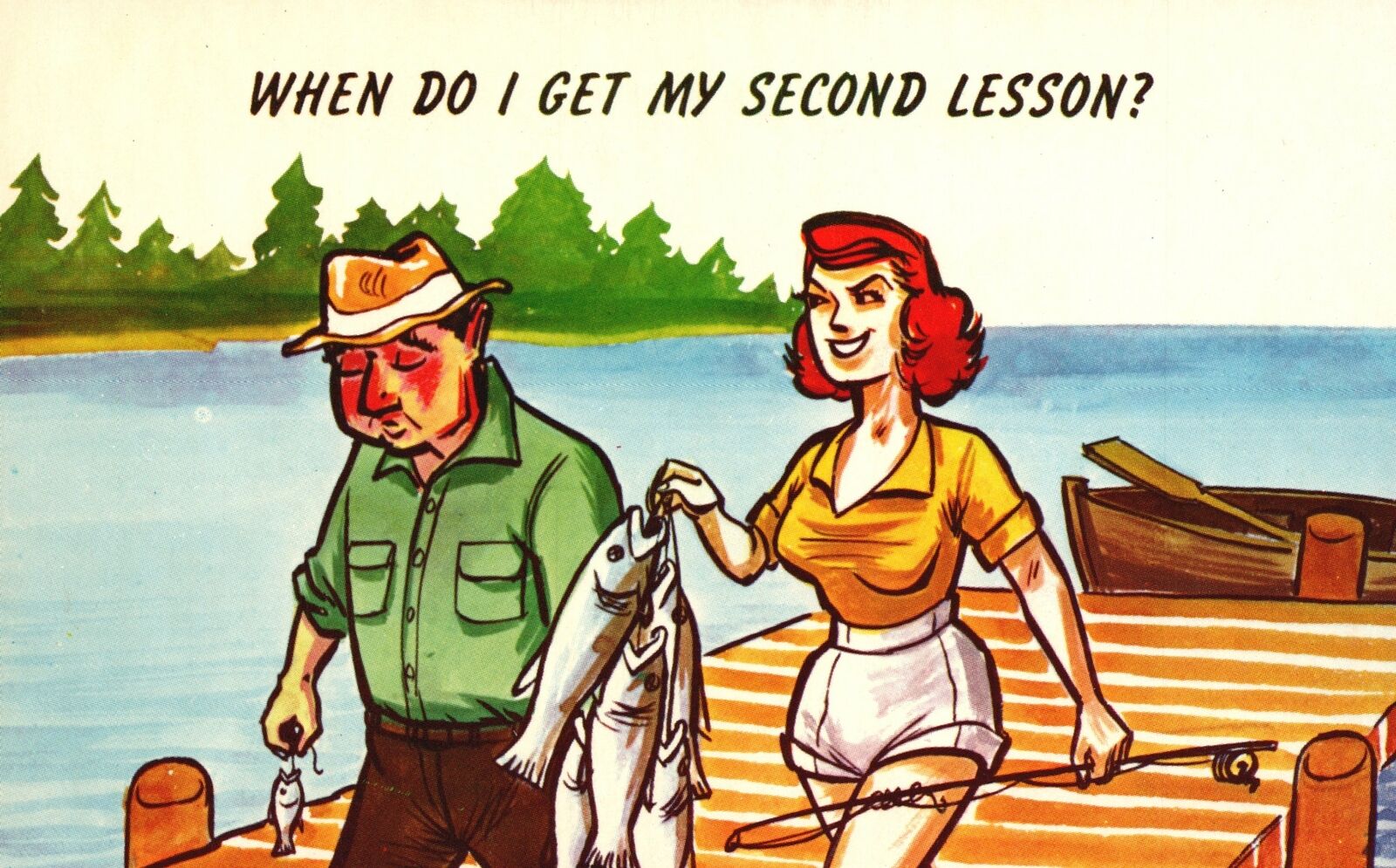 Vintage Postcard When Do I Get My Second Lesson? Trout Fishing Pretty Lady