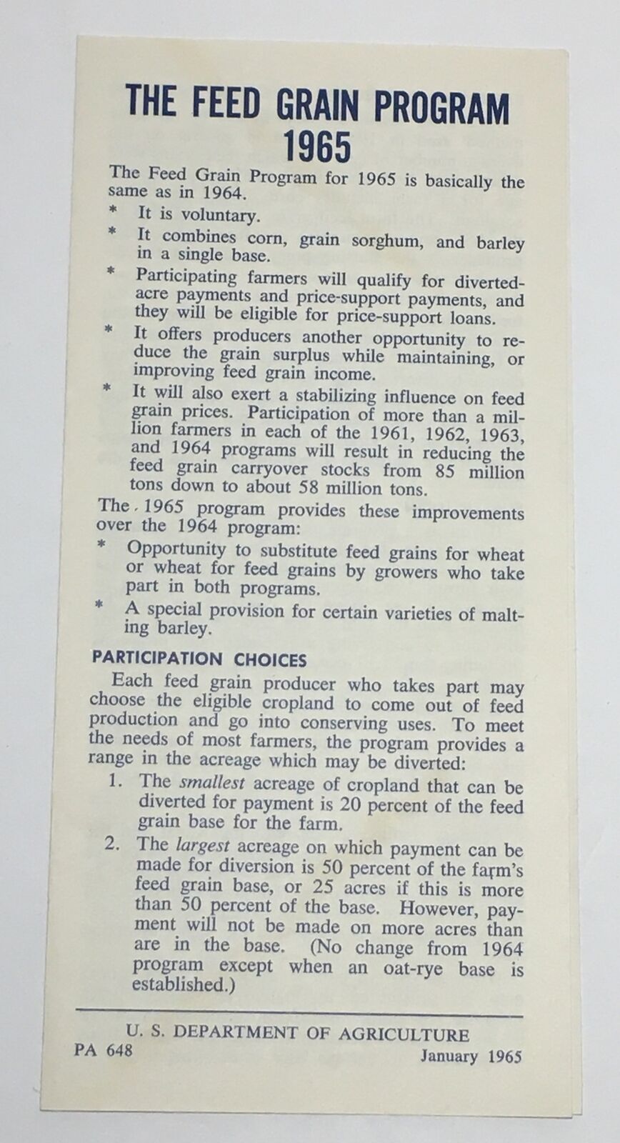 Vintage 1965 U.S. Department Of Agriculture Feed Grain Program Pamphlet