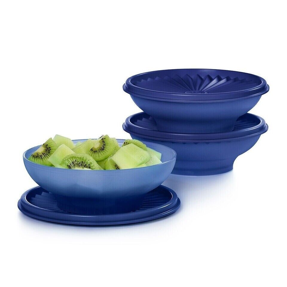 Tupperware Servalier Salad Bowl Set of 3 Arctic Night Blue 16 oz Bowls BRAND NEW