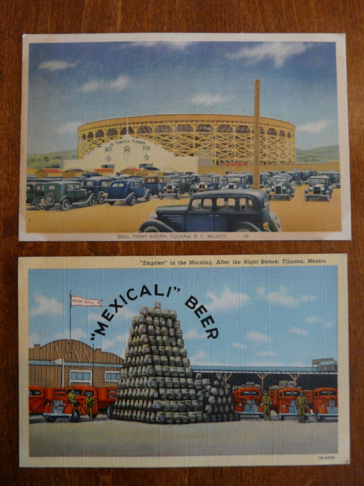 2 Tijuana, Mexico~ Linen Postcards Mexicali Beer & Bull Fight Arena