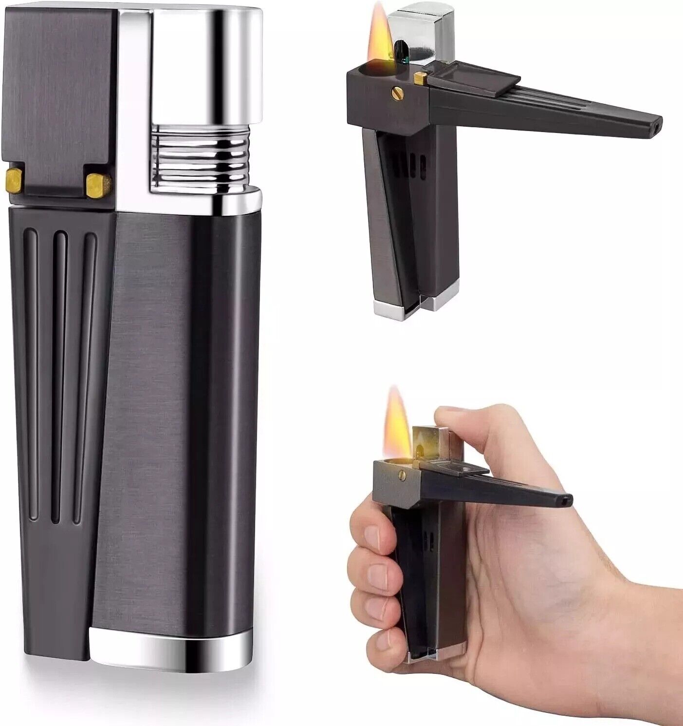 2 in 1 Foldable Metal Lighter Pipe Combination Portable Smoking Lighter Black
