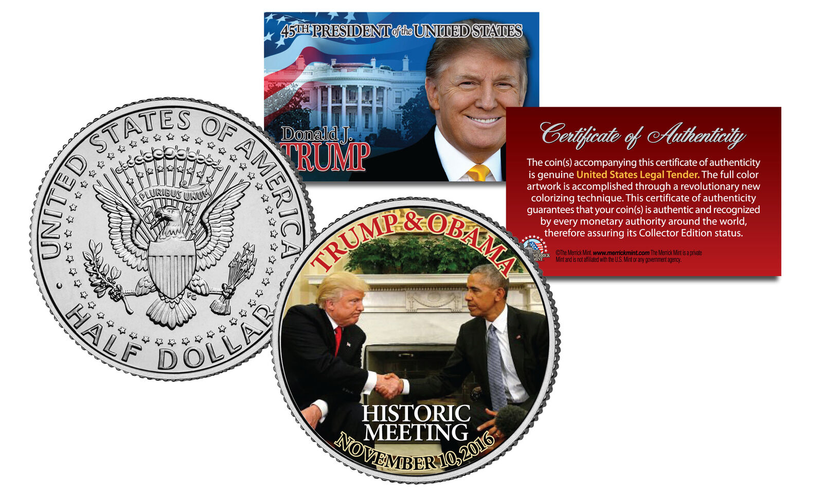 Donald Trump & Barack Obama Historic Meeting at Whitehouse JFK Half Dollar DATED