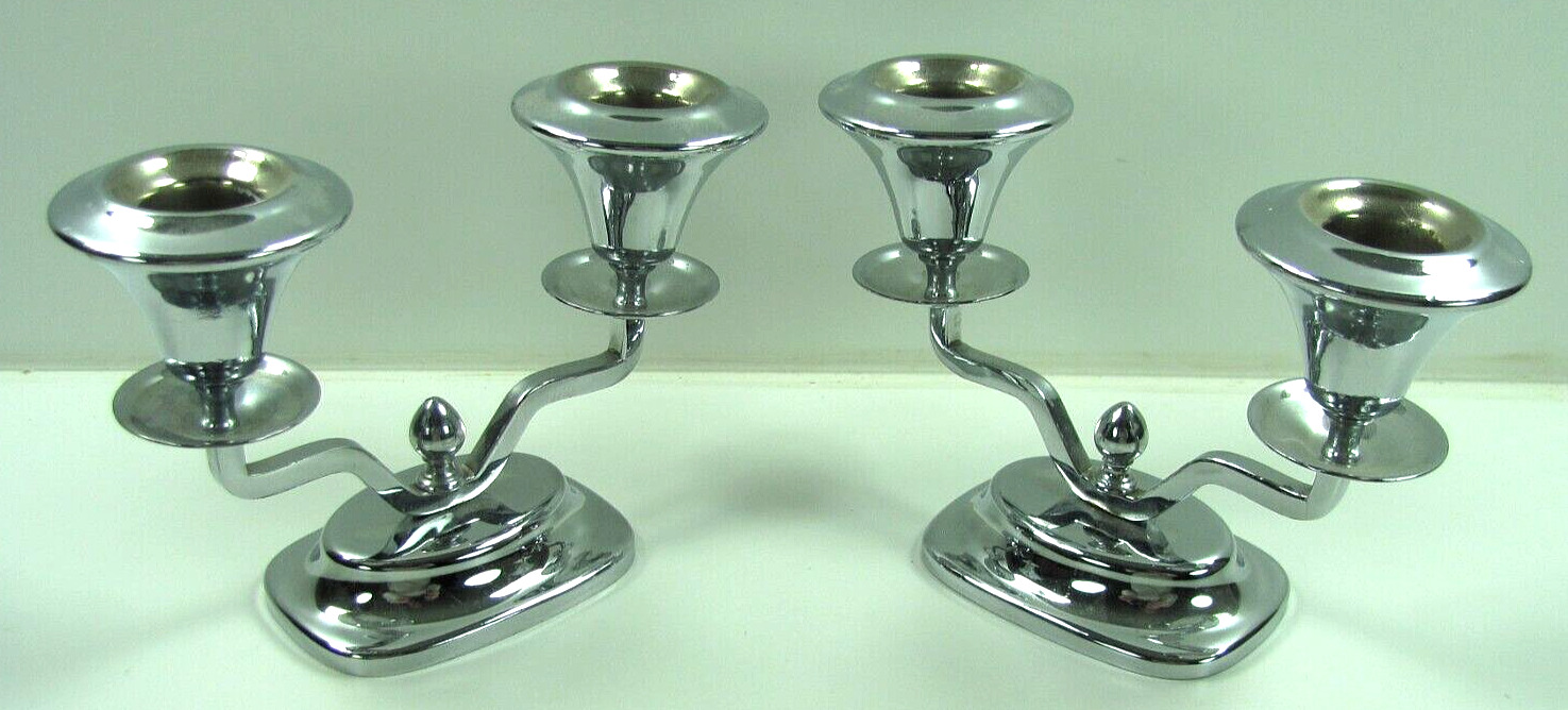 Pair Vintage Farberware Silver Chrome Double Candle Stick Holders 4 Inches Tall