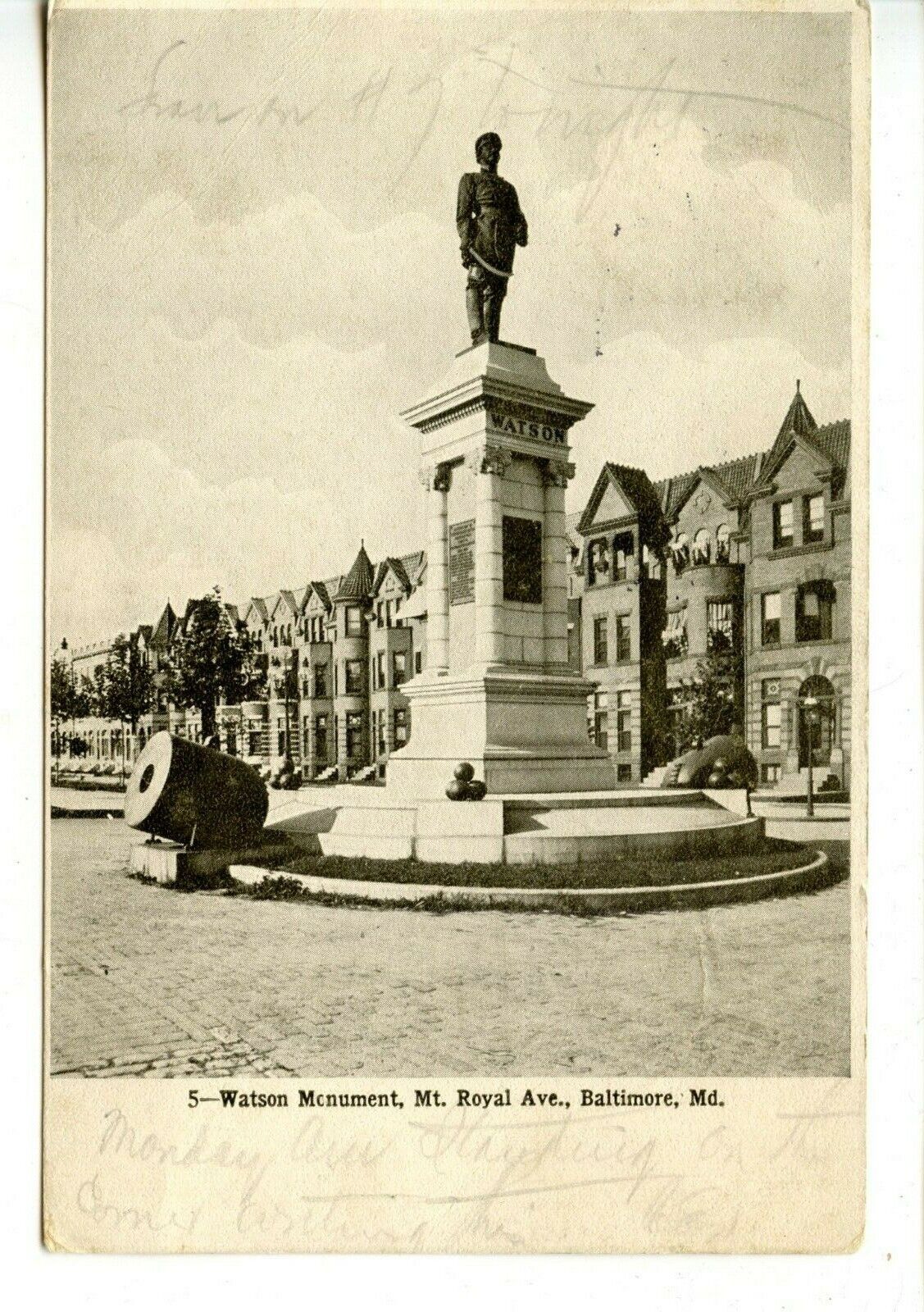 Watson Monument-Mt Royal Avenue-Baltimore-Maryland-Vintage B/W 1905 Postcard