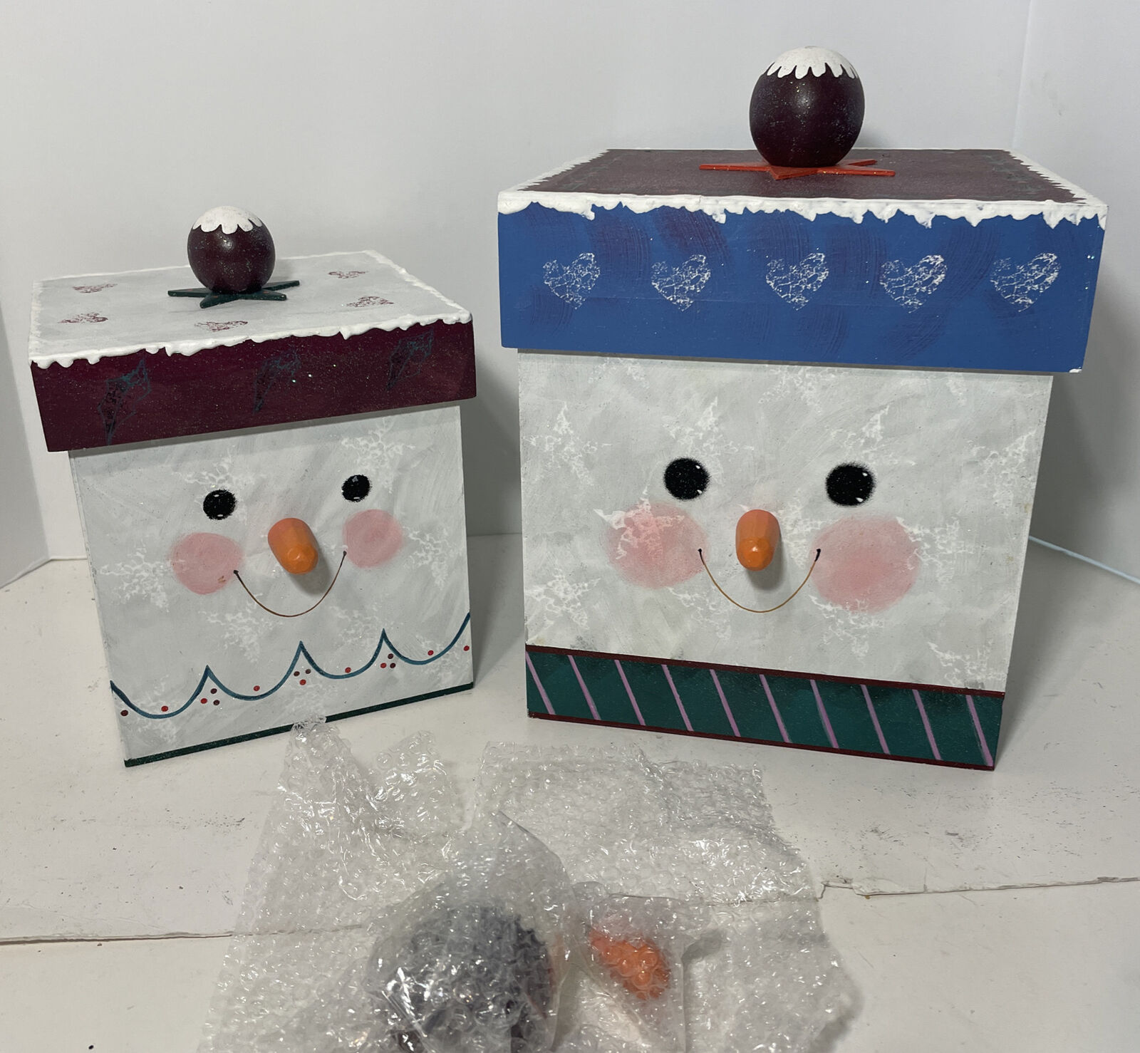 Lot of 2 Snowkins Snowman Square Storage Display Boxes Christmas Winter Decor