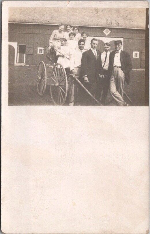 Vintage 1910s RPPC Real Phot Postcard FARM SCENE / Family on Horse Cart - Unused