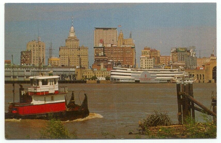 New Orleans LA Skyline Waterfront Tug Boat & Steamer Postcard Louisiana