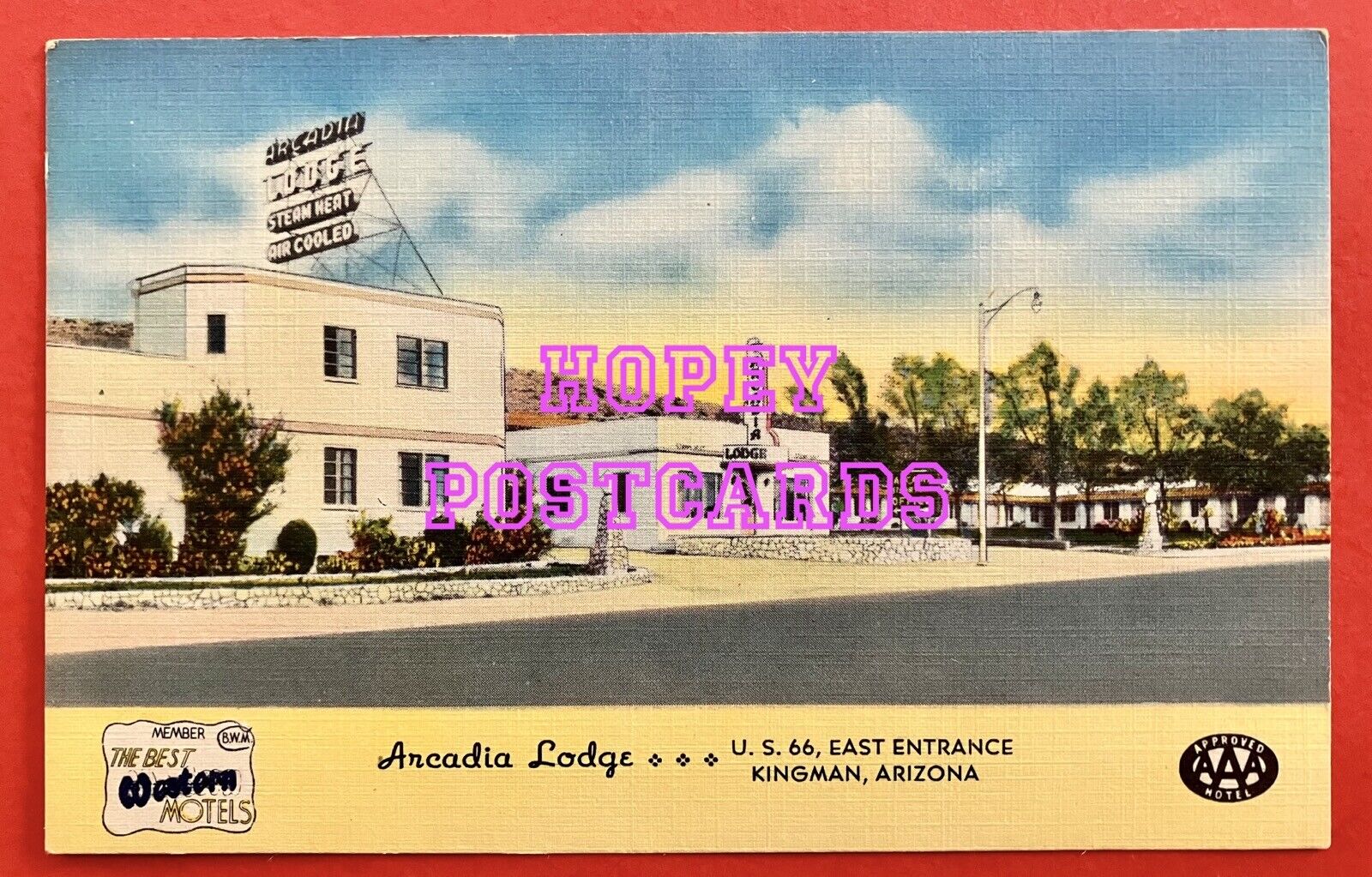 ROUTE 66~ KINGMAN, AZ ~ ARCADIA LODGE ~ linen  postcard ~ 1950s