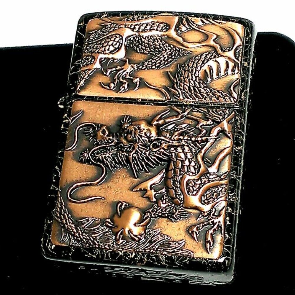 Zippo Lighter Lacquered Red Dragon Rise Metal Plate Back side black Velor Box