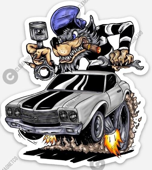 Chevy Fan STICKER - Chevrolet Chevelle wolf Piston Muscle Vinyl Rat Ratfink