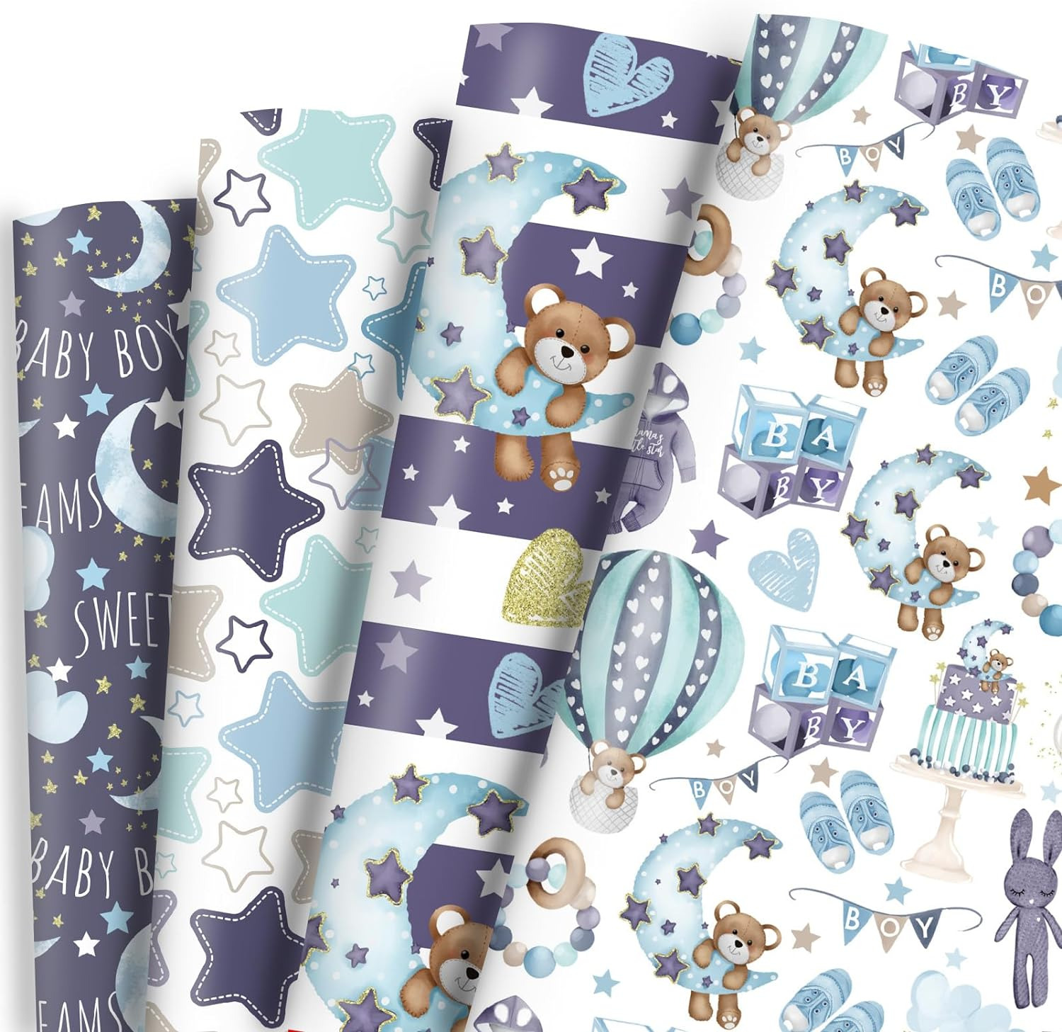 Baby Shower Wrapping Paper for Baby Boy Infant - 12 Sheets Baby Blue Gift Wrap w