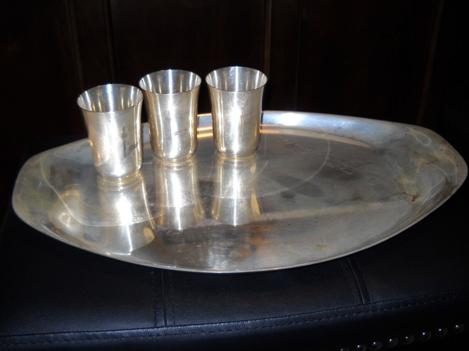 Vintage Set Stuttgart Engraved Tumblers/Cups w/ Engraved Serving Tray All By WMF