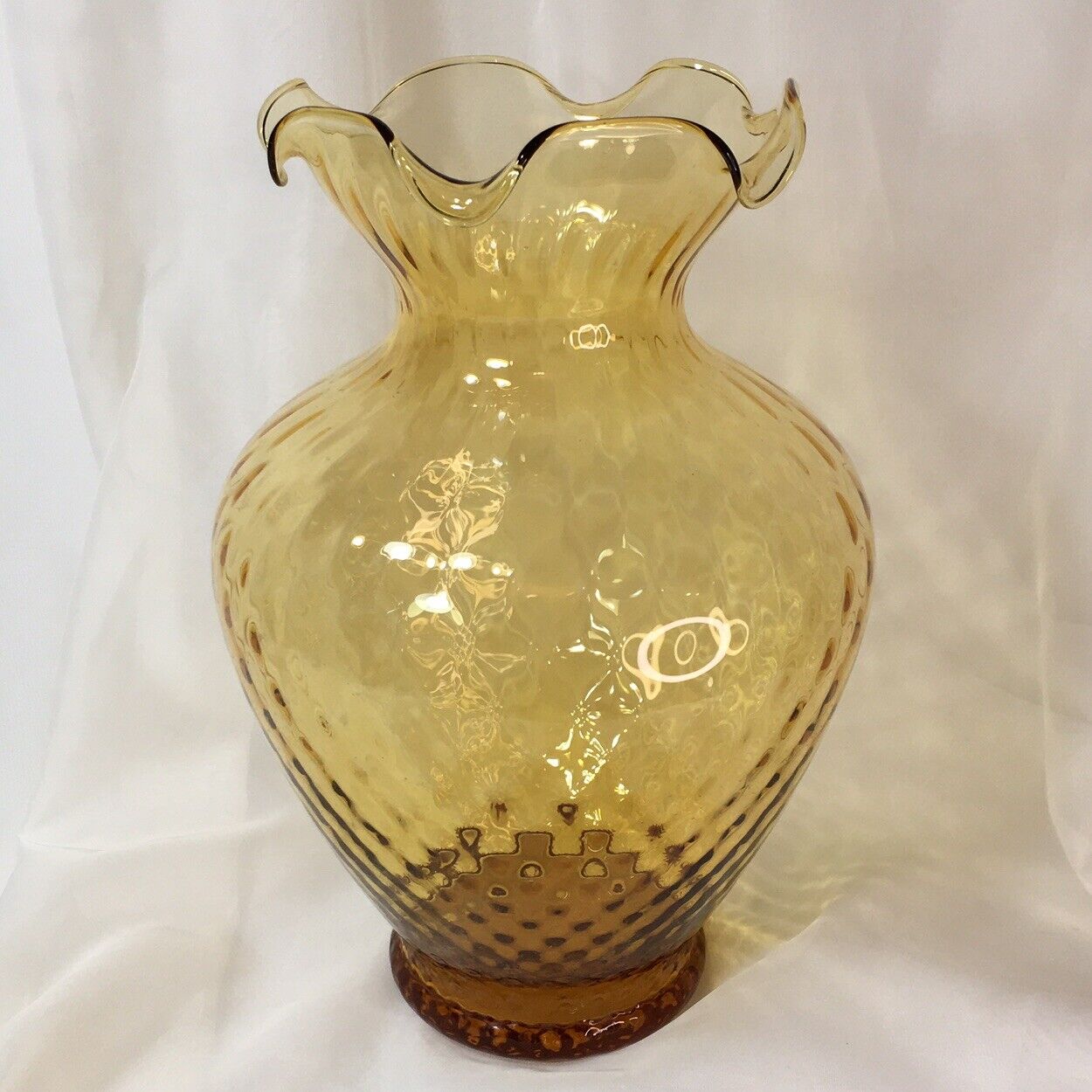12.5” Large Amber Art Glass Vase, Ruffled Rim, Vintage MCM Deco Collectible❤️
