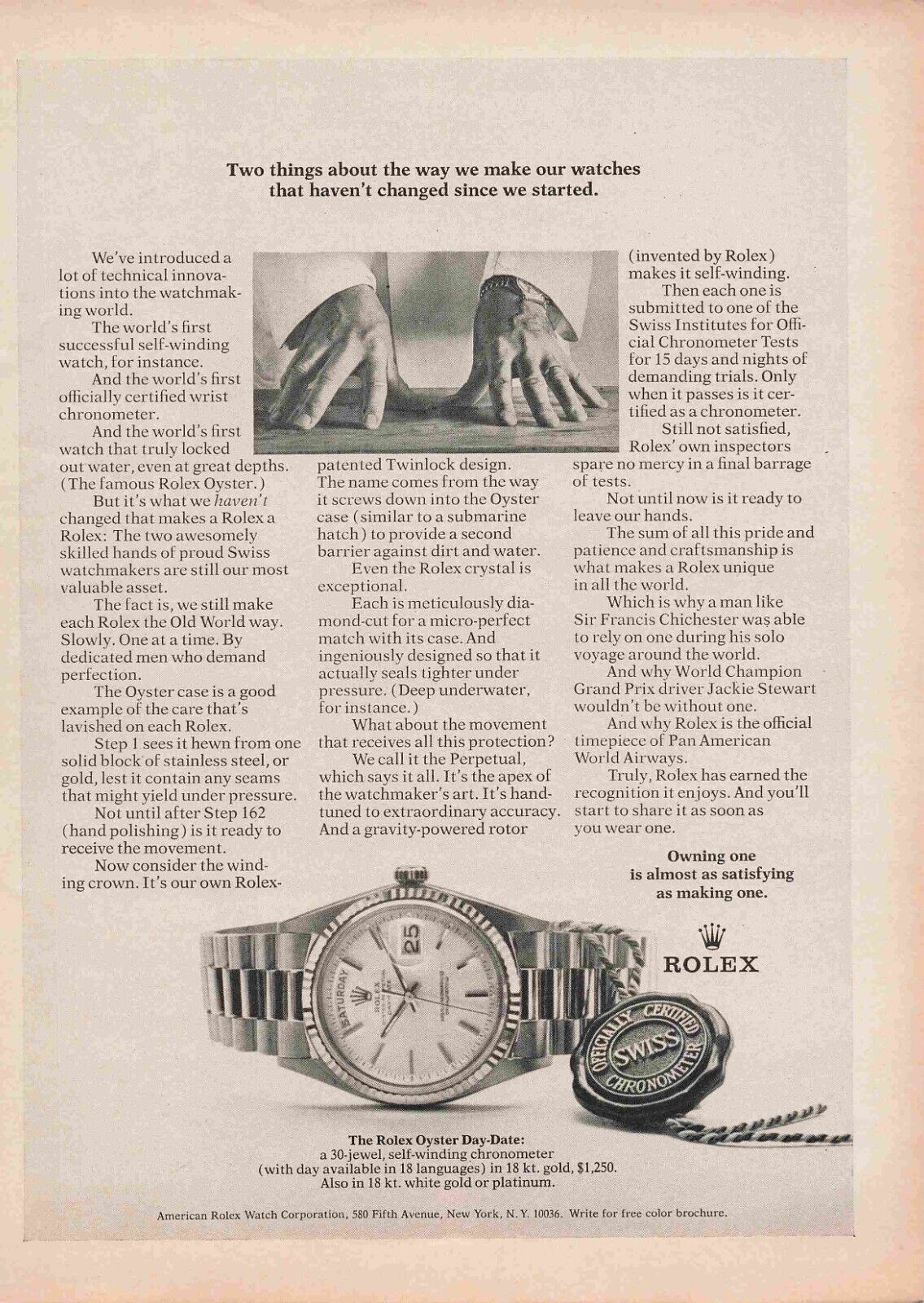 Rolex Oyster Day Date Chronometer Watch Swiss Ad 1970\'S Print Advertisement