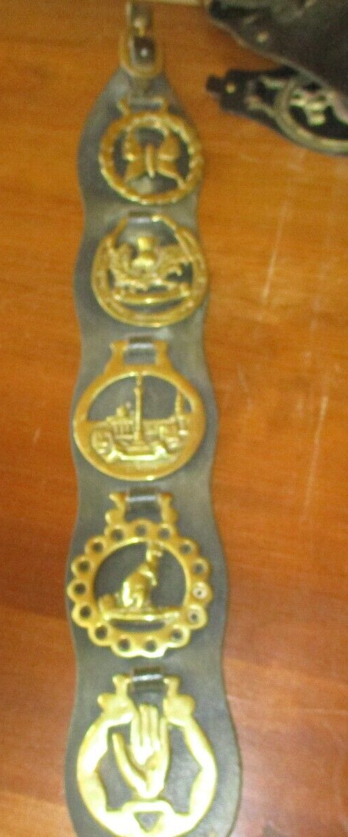 Five Vintage Horse Brass Medallions on  Leather Strap