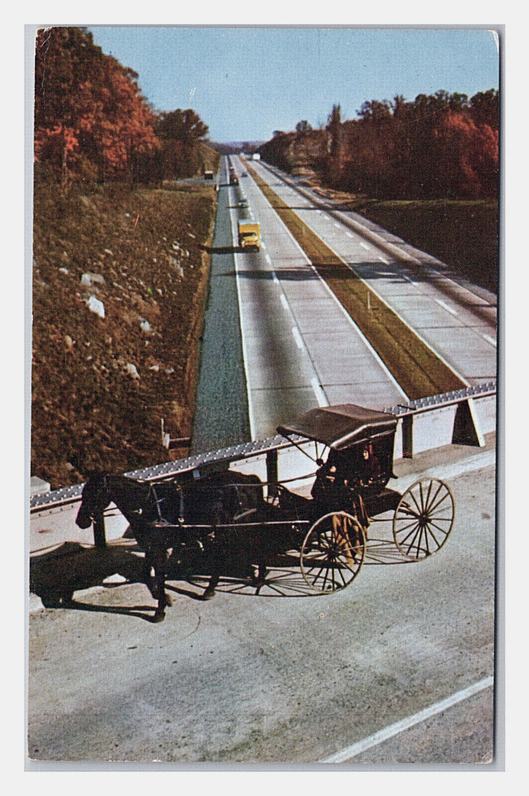 Postcard PA Horse Buggy Amish Turnpike Highway Cars Road View Pennsylvania 