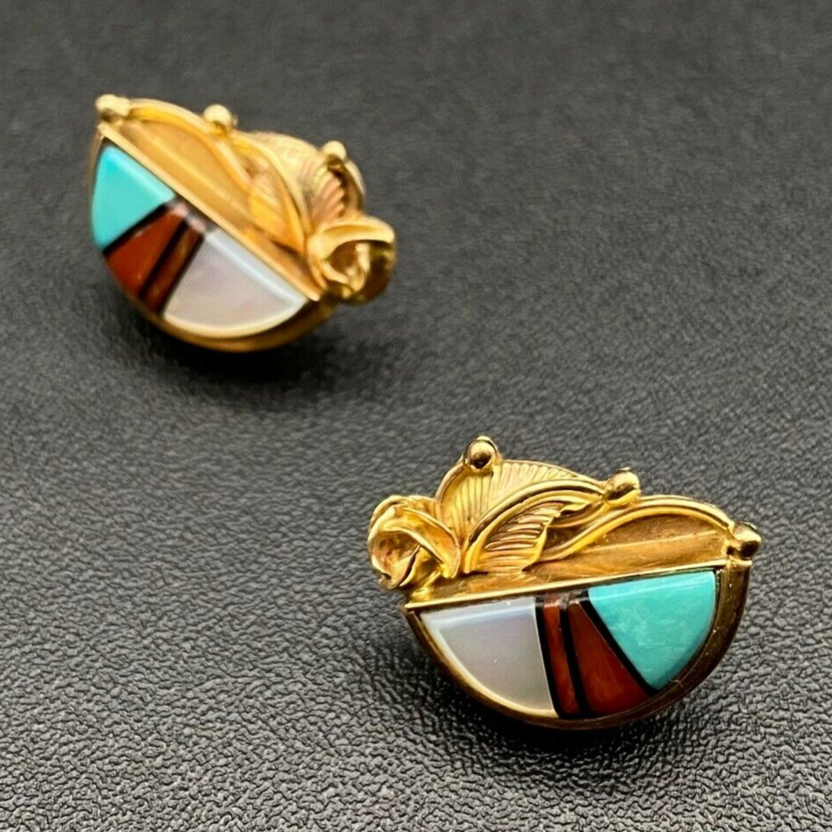 Vintage Zuni Native 14K Gold Coral Turquoise MOP Inlay Earrings