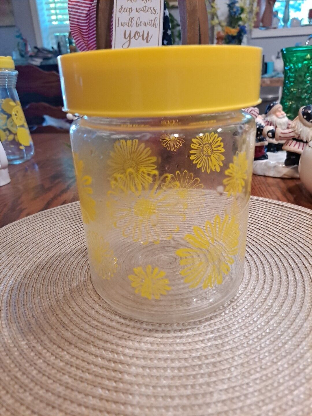 Vintage Corning Clear Glass Container with yellow Lid Jar Yellow Daisy