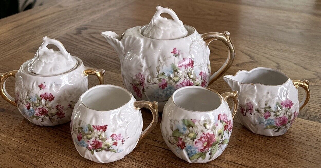 Rare Antique Majolica RS Prussian Porcelain Teapot Creamer Sugar Cups