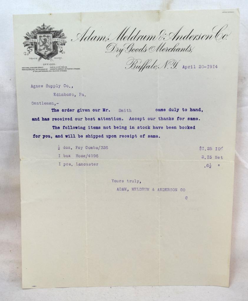 1914 Adam Meldrum & Anderson Dry Goods Merchants Buffalo NY Letterhead Letter
