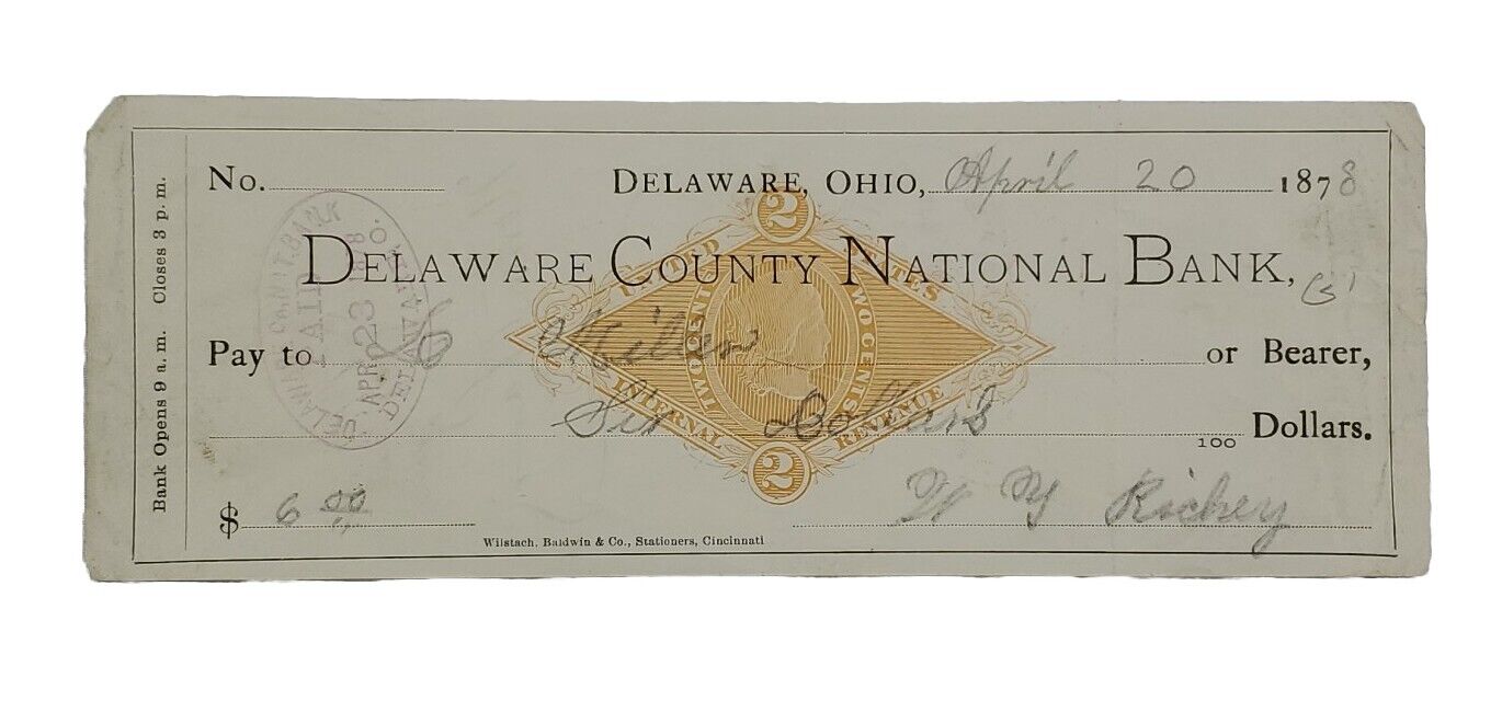 1878 Bank Check: Delaware County National Bank, Delaware, OH - L. Miller