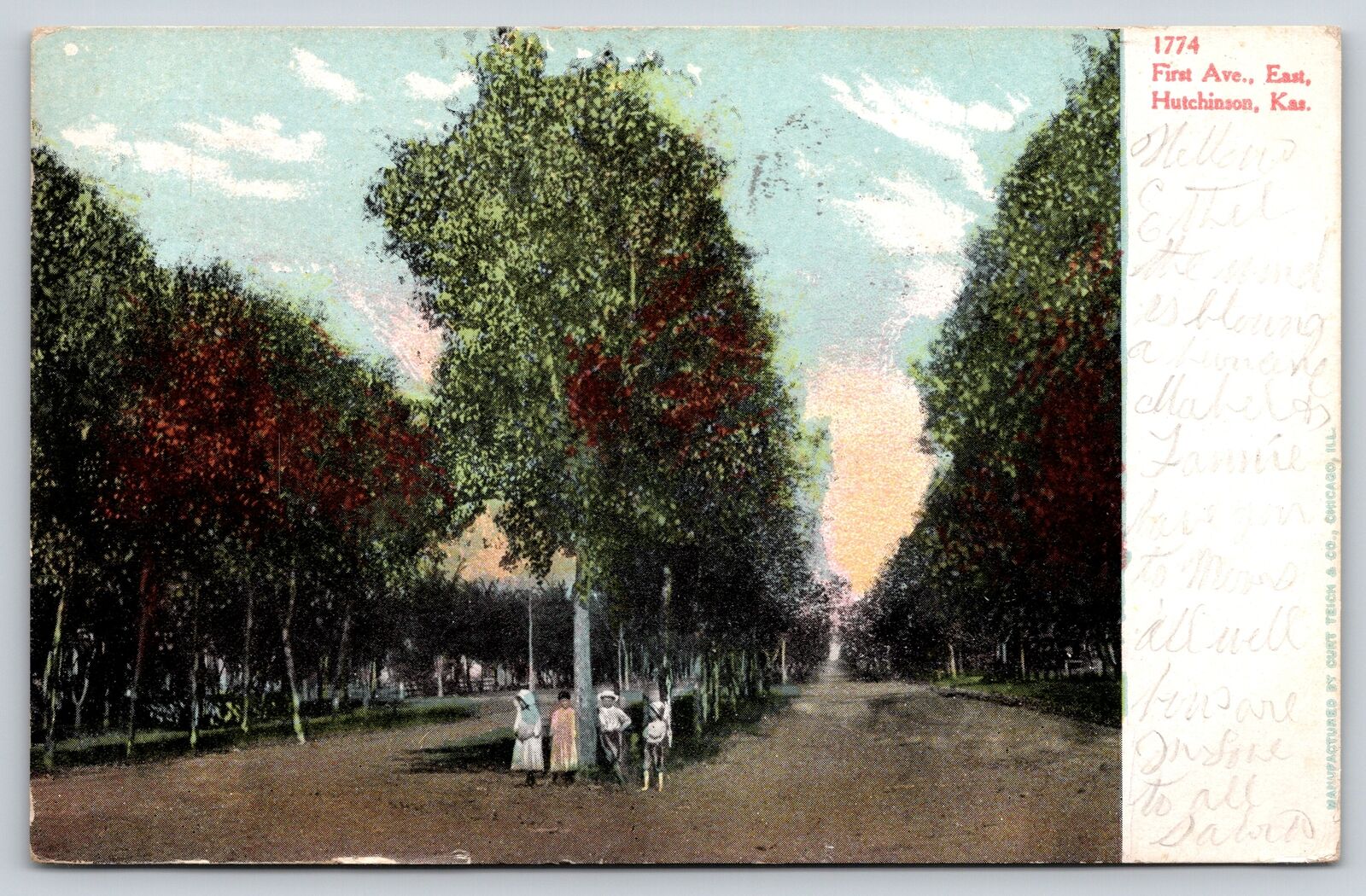 Hutchinson Kansas~First Avenue East~Children In Front of Trees~1909 Postcard