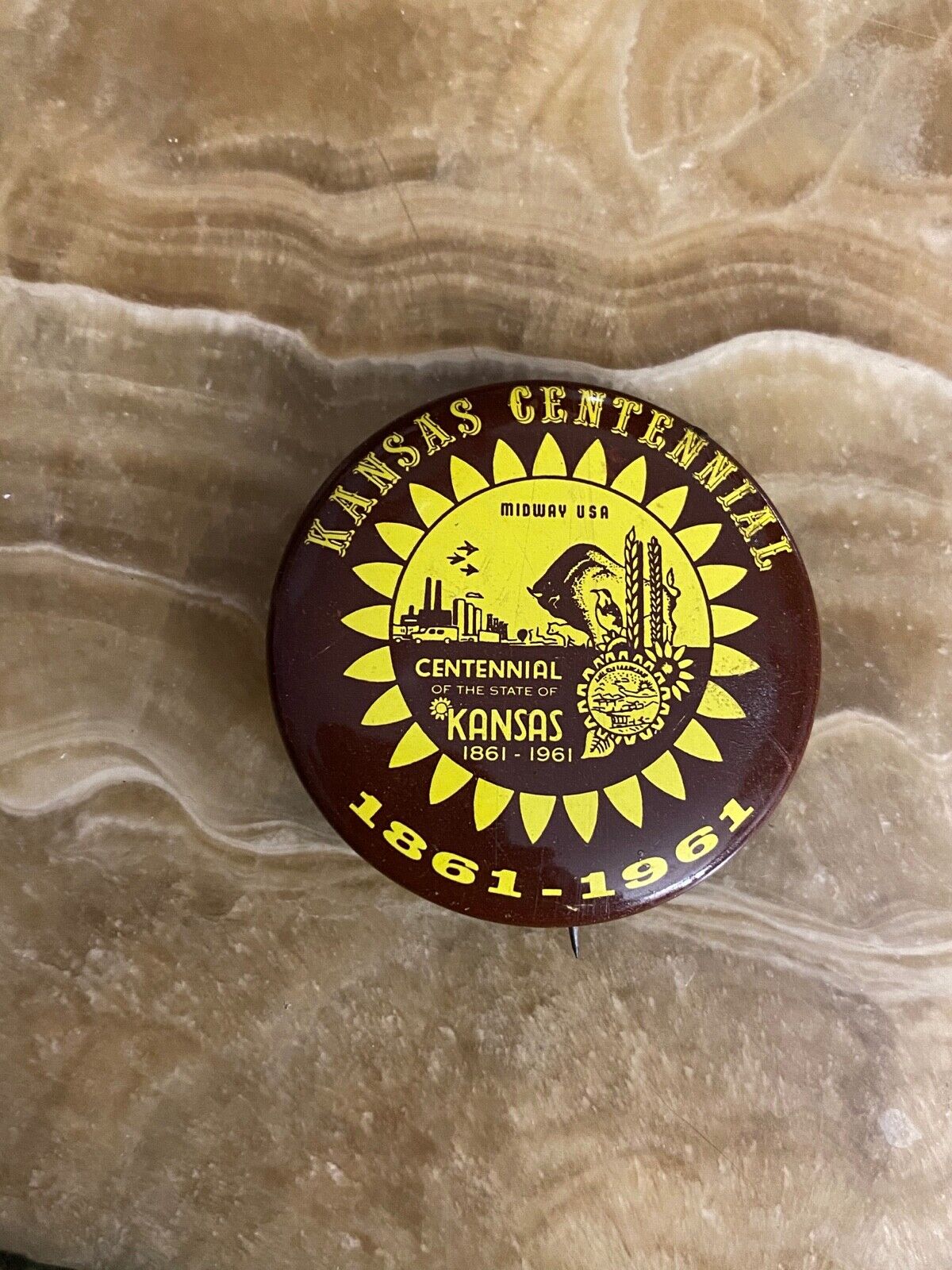 Vintage 1961 Pin Kansas Centennial Pinback Button1861-1961 Midway US Sunflower💗