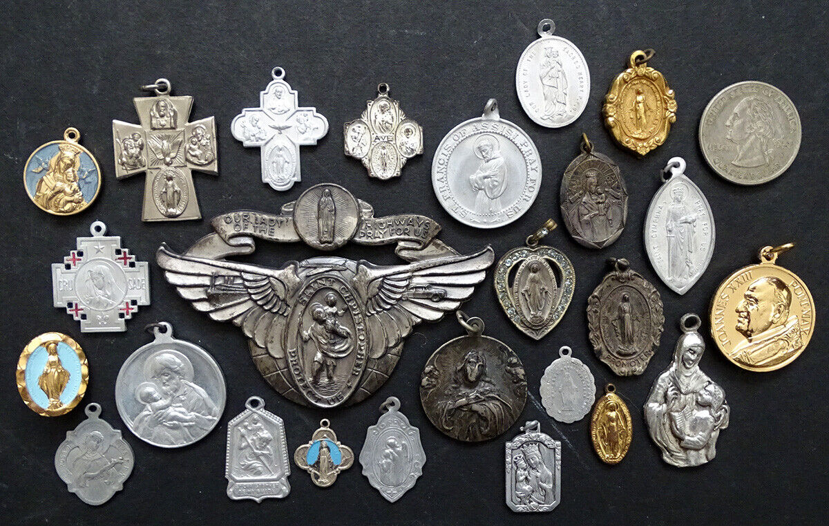 Lot of 25 ANTIQUE Vintage CATHOLIC SAINT Religious HOLY MEDAL Pendant Badge