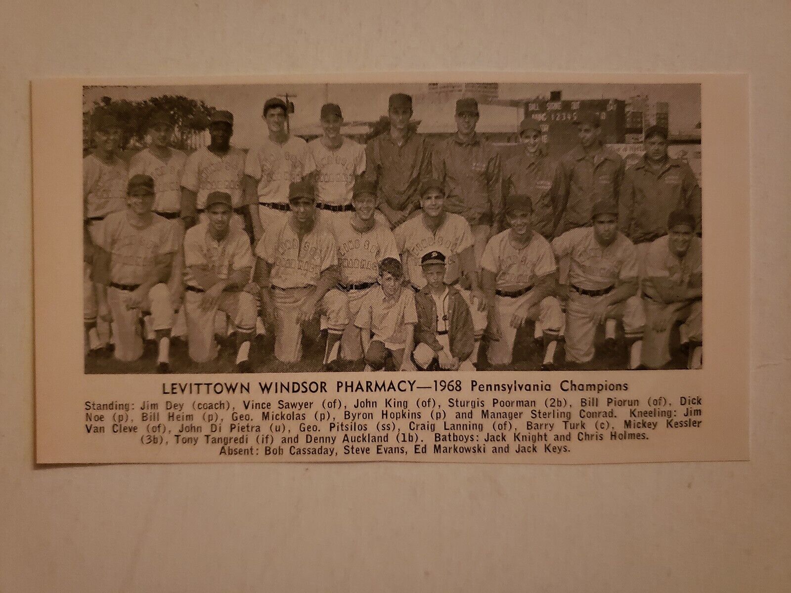 Levittown Windsor Pharmacy Pennsylvania 1968 Baseball Team Picture RARE