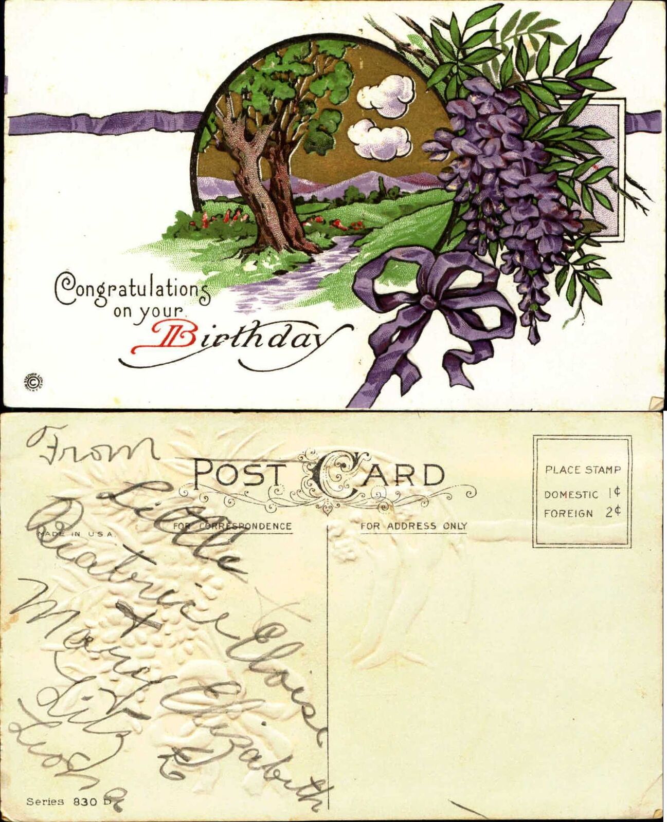 Birthday beautiful Art Deco design violets trees wisteria Stecher c1910 postcard