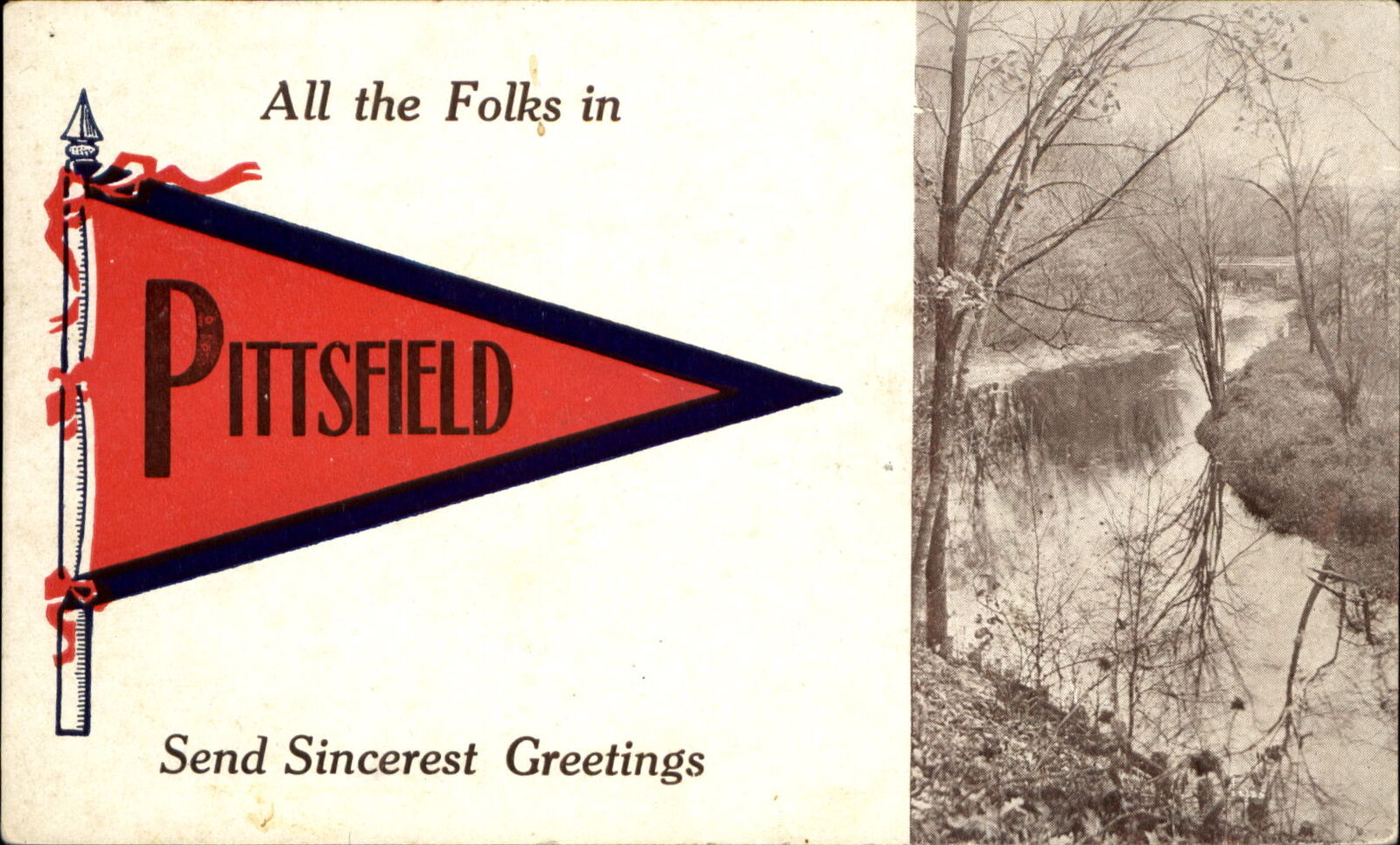 Pittsfield pennant postcard ~ message dated 1913 ~ Sincerest Greetings