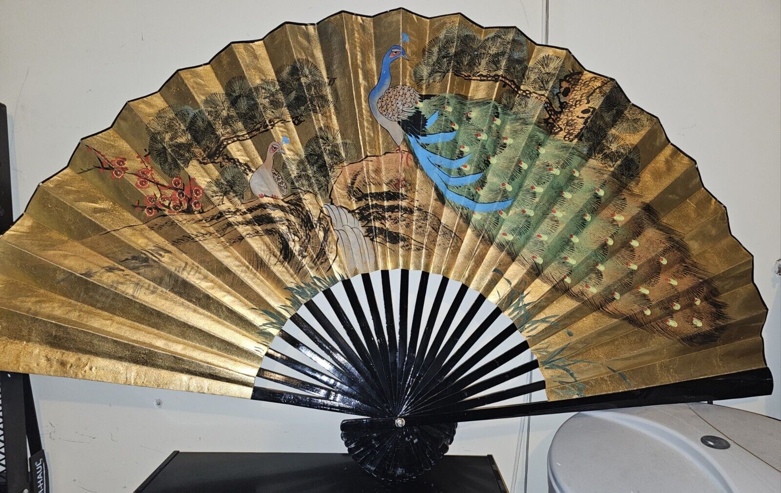 Vintage Large Oriental Asian Folding Wall Fan Decor Hand Painted