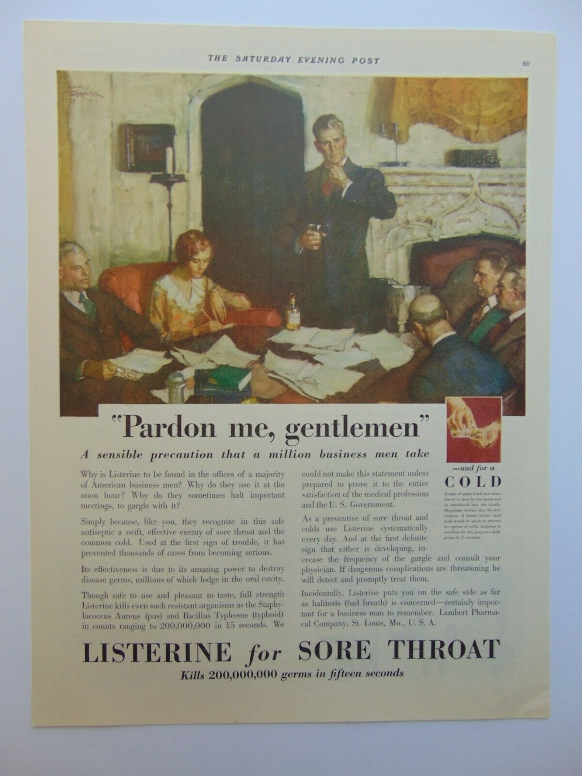 1930 LISTERINE For SORE THROAT Kills 200 Million Germs in 15 Seconds print ad