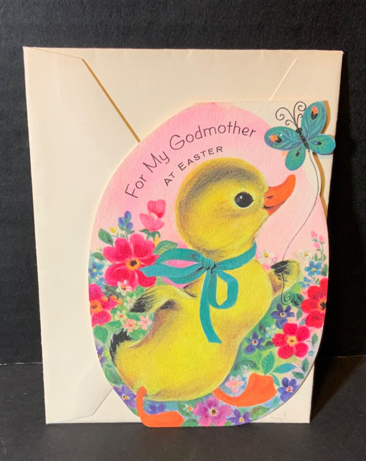 VTG Gibson DieCut Easter Card UNUSED Godmother Duck Butterfly Glittery Flowers