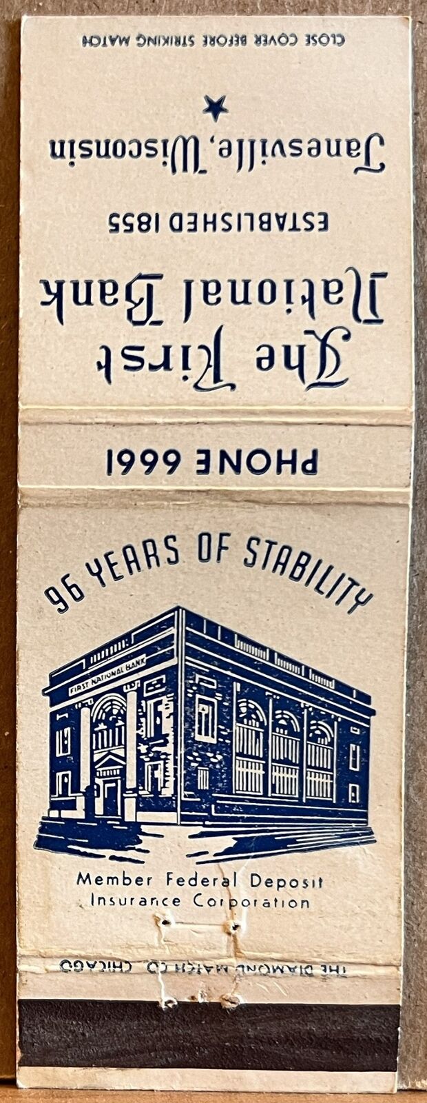 The First National Bank Janesville WI Wisconsin Vintage Matchbook Cover