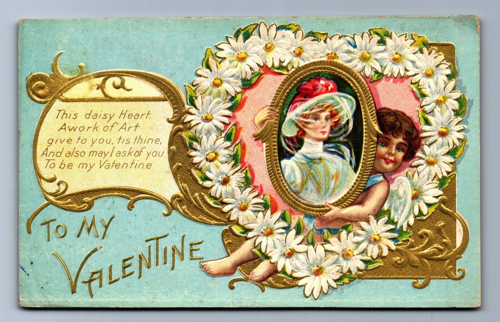 C.1910 FLOWER SERIES 1/5, DAISY CHERUB FRAMED LADY GILT VALENTINE\'S Postcard P15