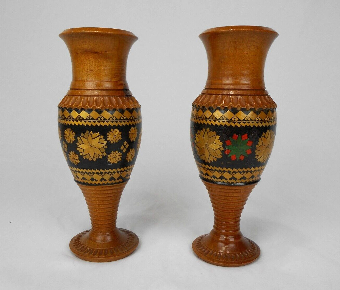 Pair Vintage Greek Carved Wood Hand Turned Vase gold tone accent   9. 1/4\