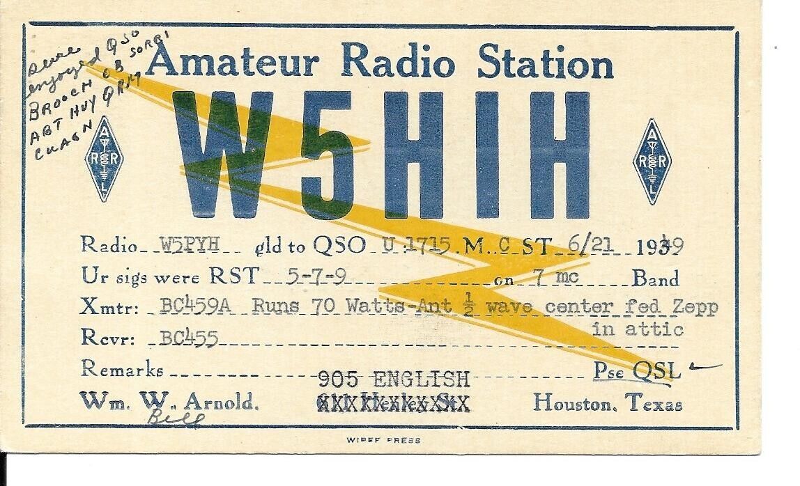 QSL 1939 Houston Texas W5HIH   radio card