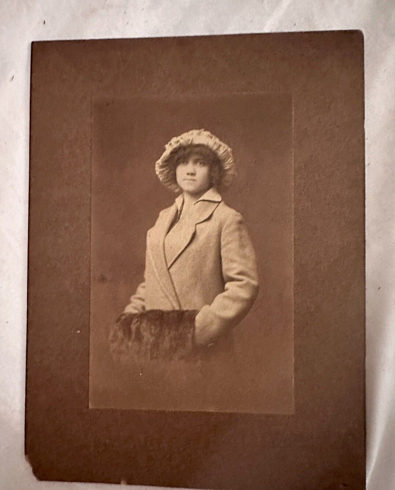 Antique Sepia Photograph Beautiful Brunette Woman Hat Fur Muff Coat Photo 4x6