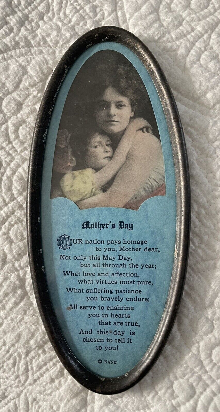 Antique 1900’s Oval Tin Frame Mothers Day Motto Copyright NANC