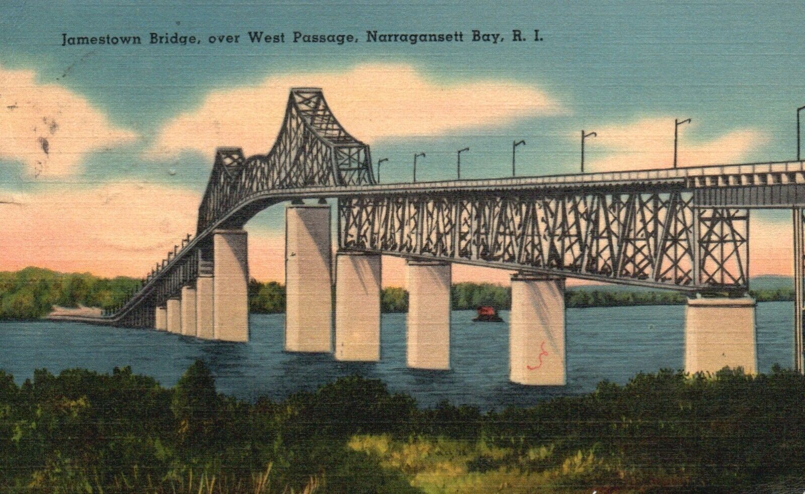 Postcard RI  Narragansett Bay Jamestown Bridge 1941 Linen Vintage PC e9683
