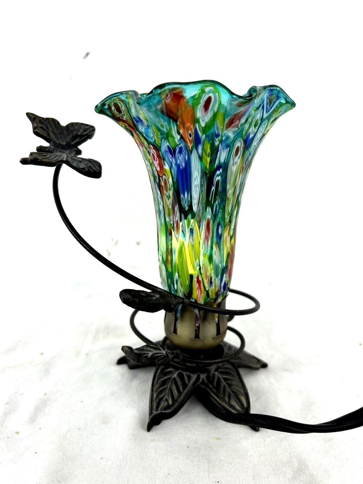 Vintage Murano Style Millefiori Hand Blown Art Glass Butterfly Lamp