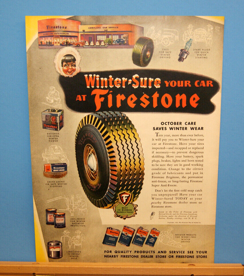 1944 Print Sales AD Advertisement Art WW11 FIRESTONE Winter Sure Car Truck Tires