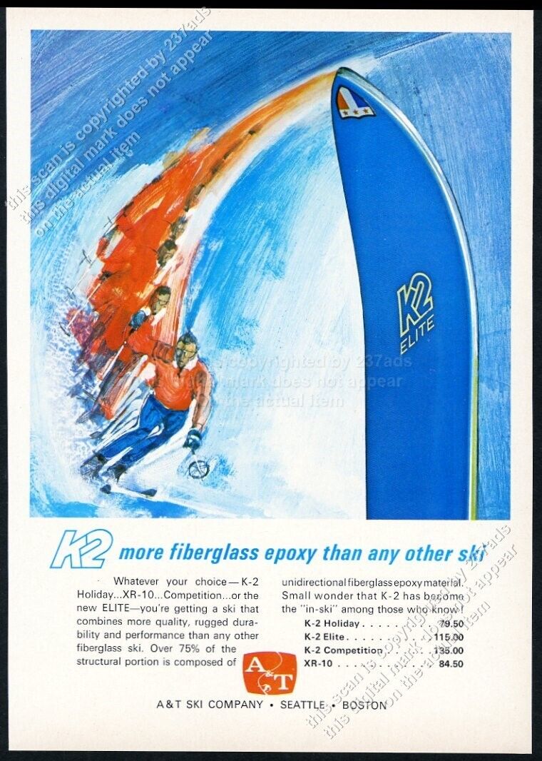 1967 K2 Elite skis skier skiing art vintage print ad