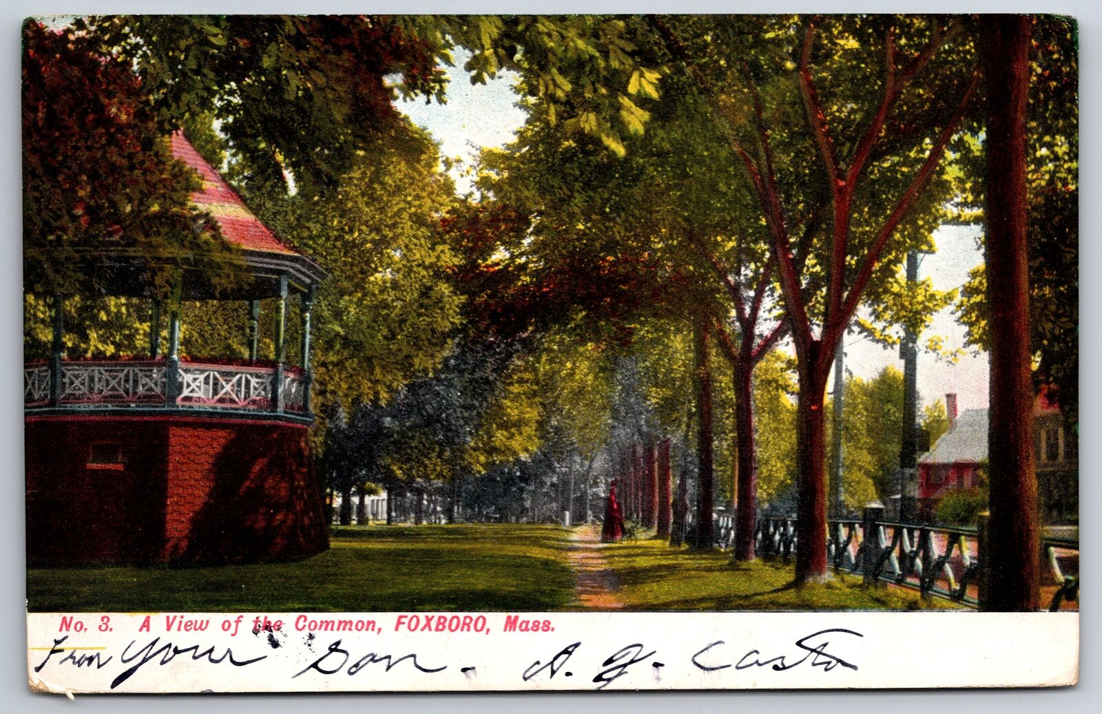 Foxboro Massachusetts~Common~Park~Gazebo~1908 Postcard