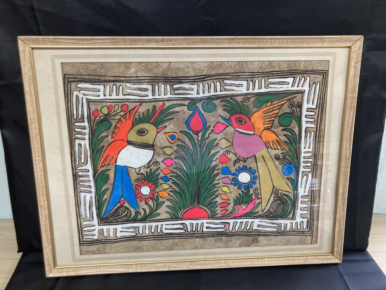 Vtg. Amate Bark Painting Mexican Tiki Folk Art Exotic Birds Flowers 16x12 Framed